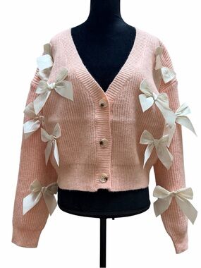 HONEY Debut Satin Bow Pink Long Sleeve Cardigan Sweater Size Medium/Large NEW